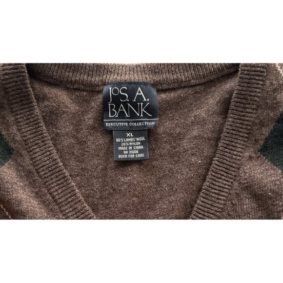 Jos. A. Bank Brown Argyle Sweater Executive Collection 80% Lambs Wool V-Neck XL - Picture 2 of 3